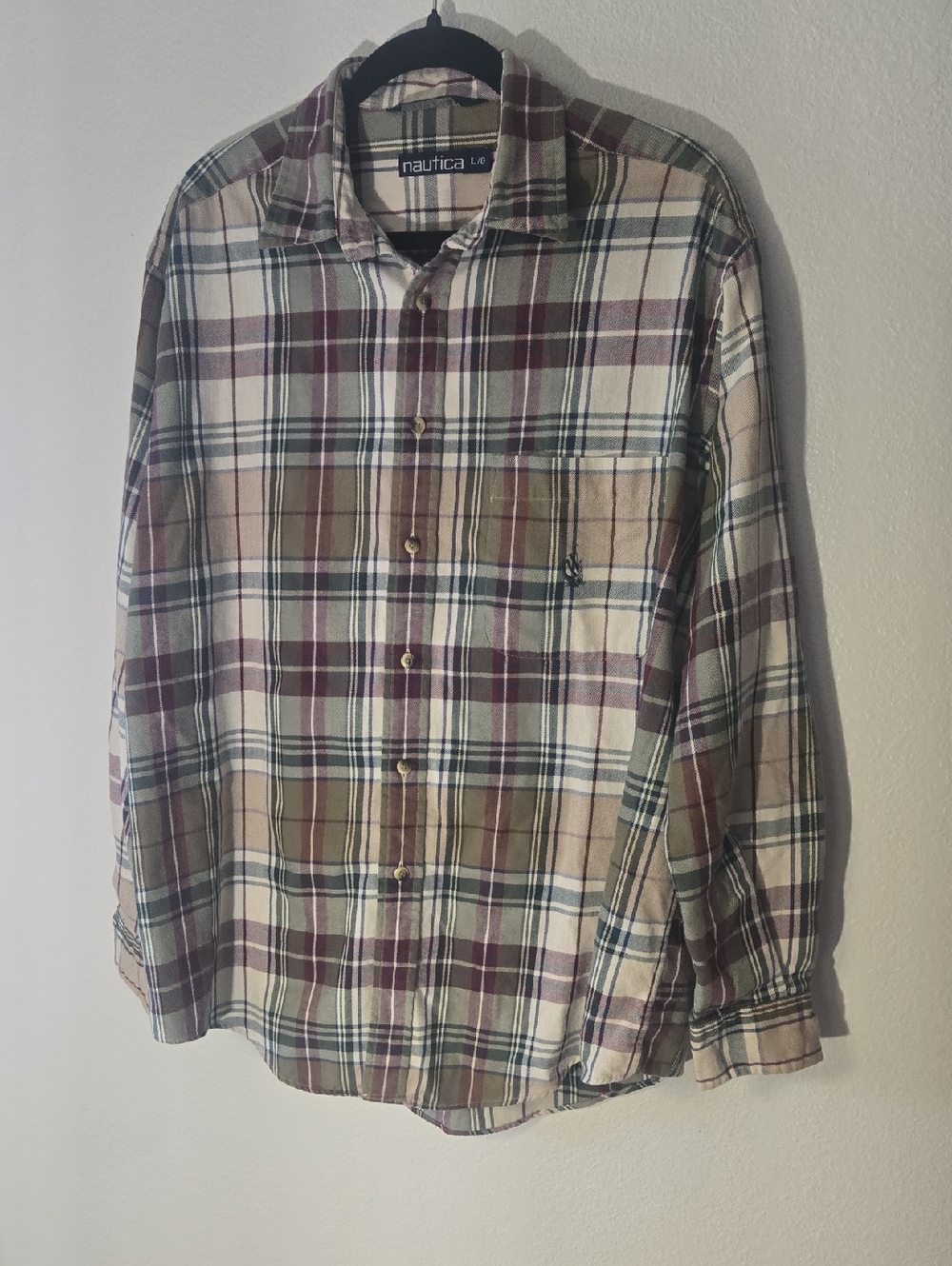 Nautica Men’s Plaid Button-Down Shirt in Beige, Burgundy and Navy